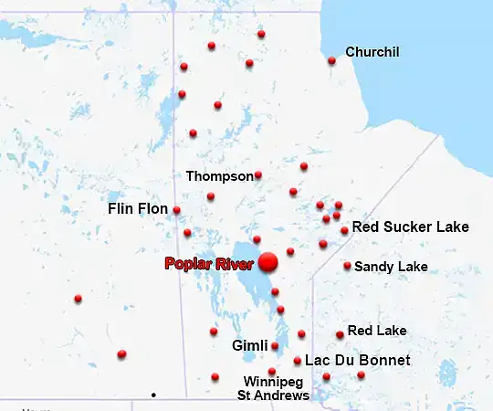 Map showing the location of Poplar River in Manitoba
